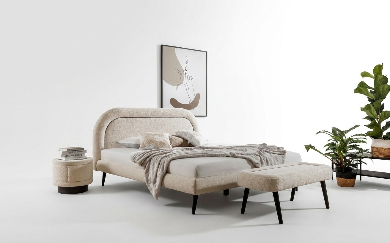 Bedroom Set White Bed Elegant 2x Bedside Tables Luxury Stool Modern .