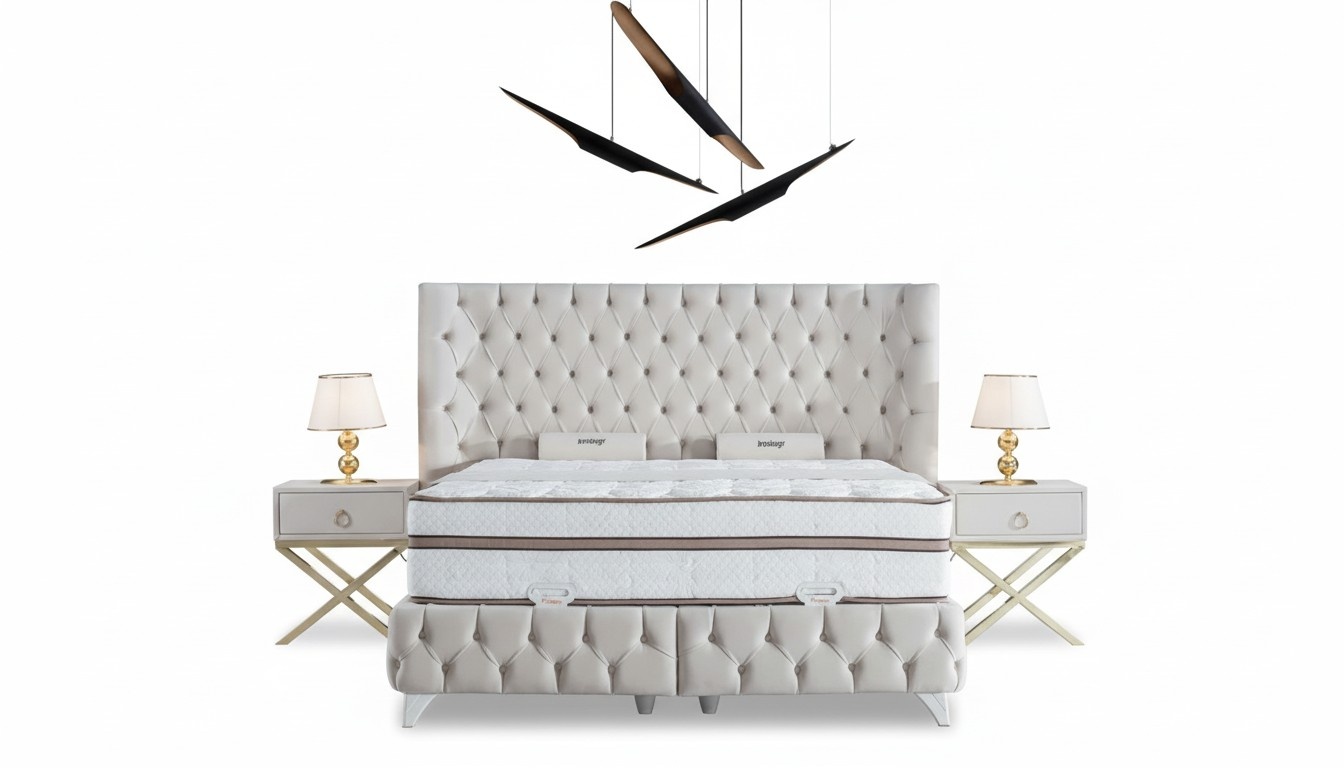 Bedroom Set White Boxspring Bed Chesterfield 2x Bedside Tables 3pcs.