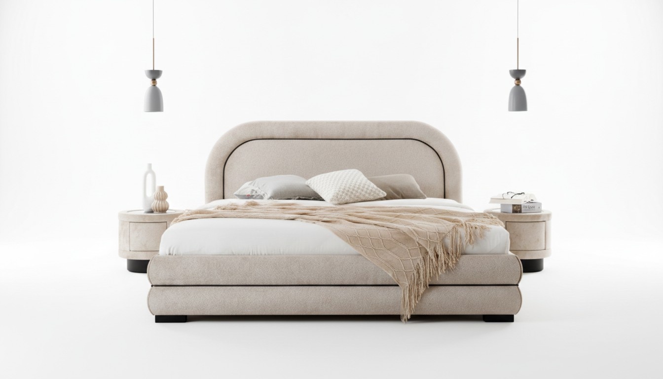 Bedroom set designer beige double bed 2x textile bedside tables