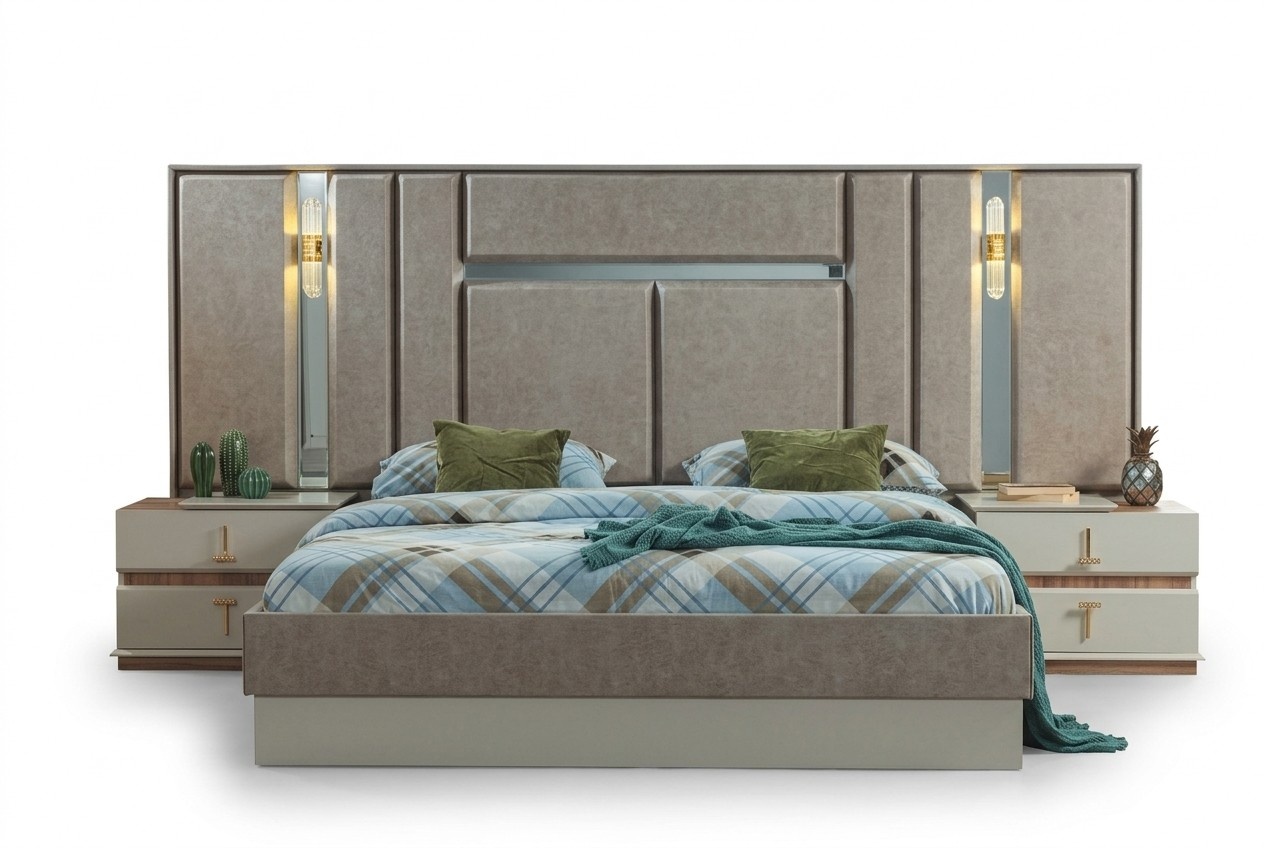 Beige bedroom furniture Luxury beds Designer bedside tables Furnishings