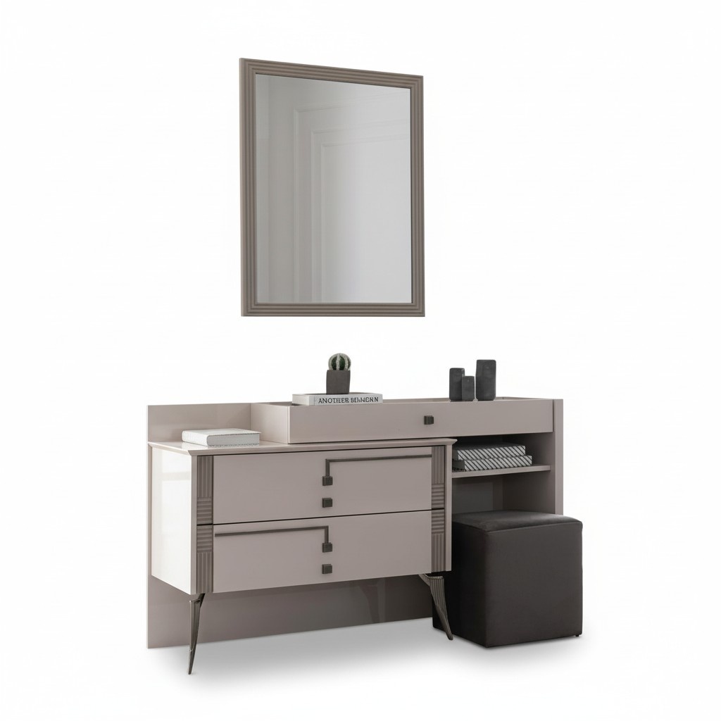 Grey bedroom furniture designer textile bed 2x wooden bedside tables