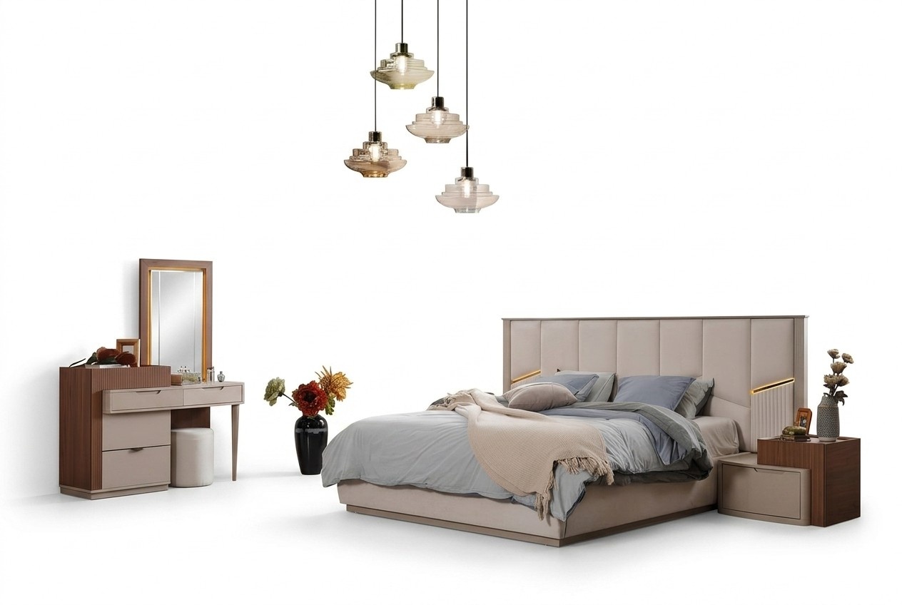 Beige bedroom set luxurious upholstered beds nightstands wardrobe