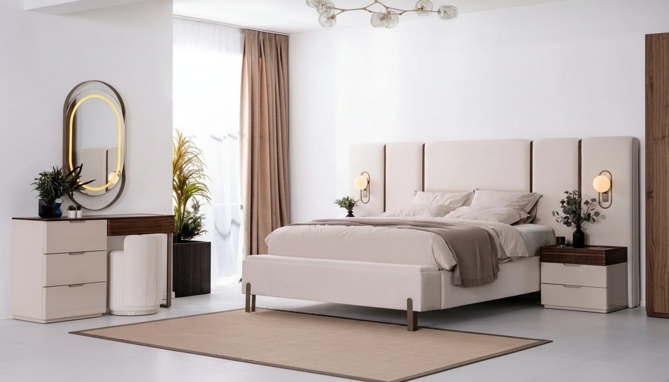 Beige bedroom set elegant double bed textile stool dressing table