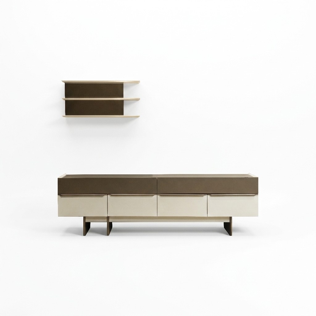 Beige-brown living room set wooden furniture elegant sideboard wall shelf