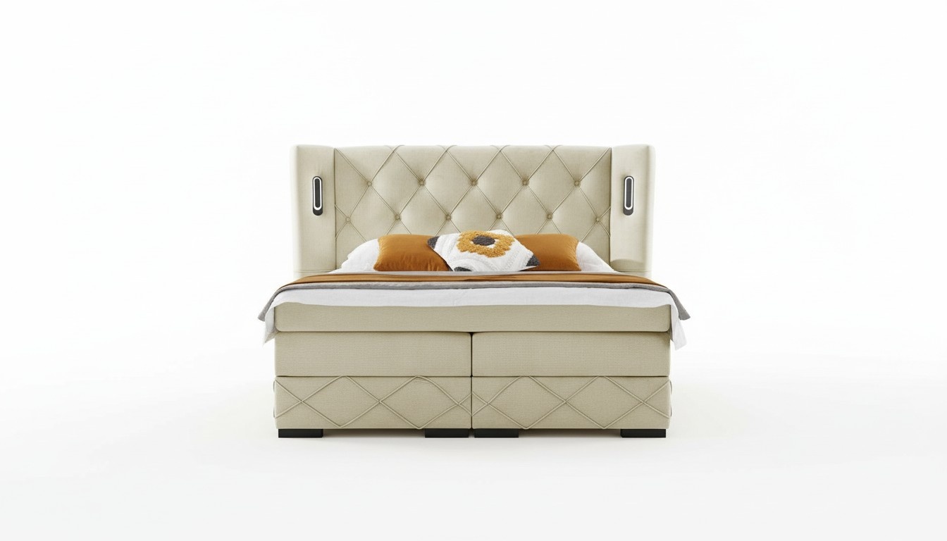 Beige Chesterfield upholstered bed Bedroom bedside tables Luxury furniture