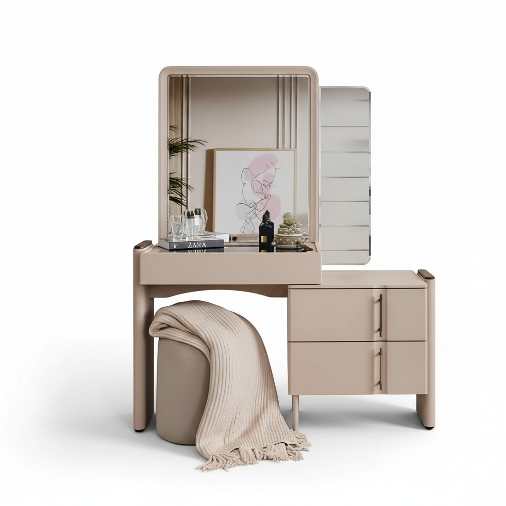 Beige designer dressing table bedroom mirror exclusive 2-piece set