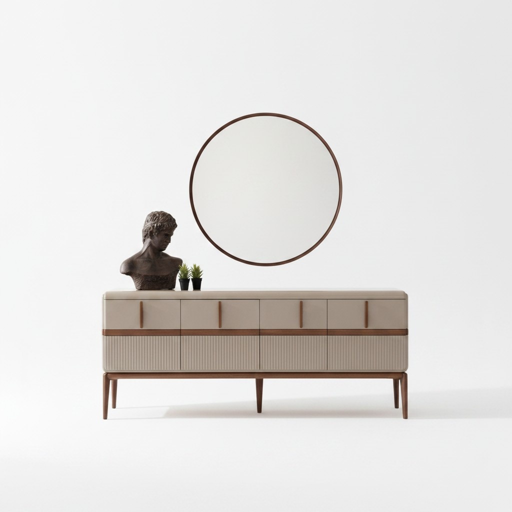 Beige Dining Room Furniture Luxury Wooden Sideboard 4-Door Glass Mirror 2pc Set