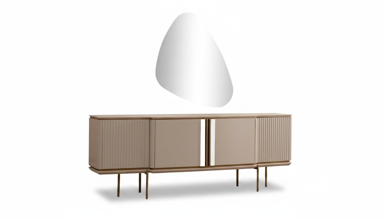 Beige Dining Room Sideboard 2-Door Luxury Mirror Modern Wood Furniture