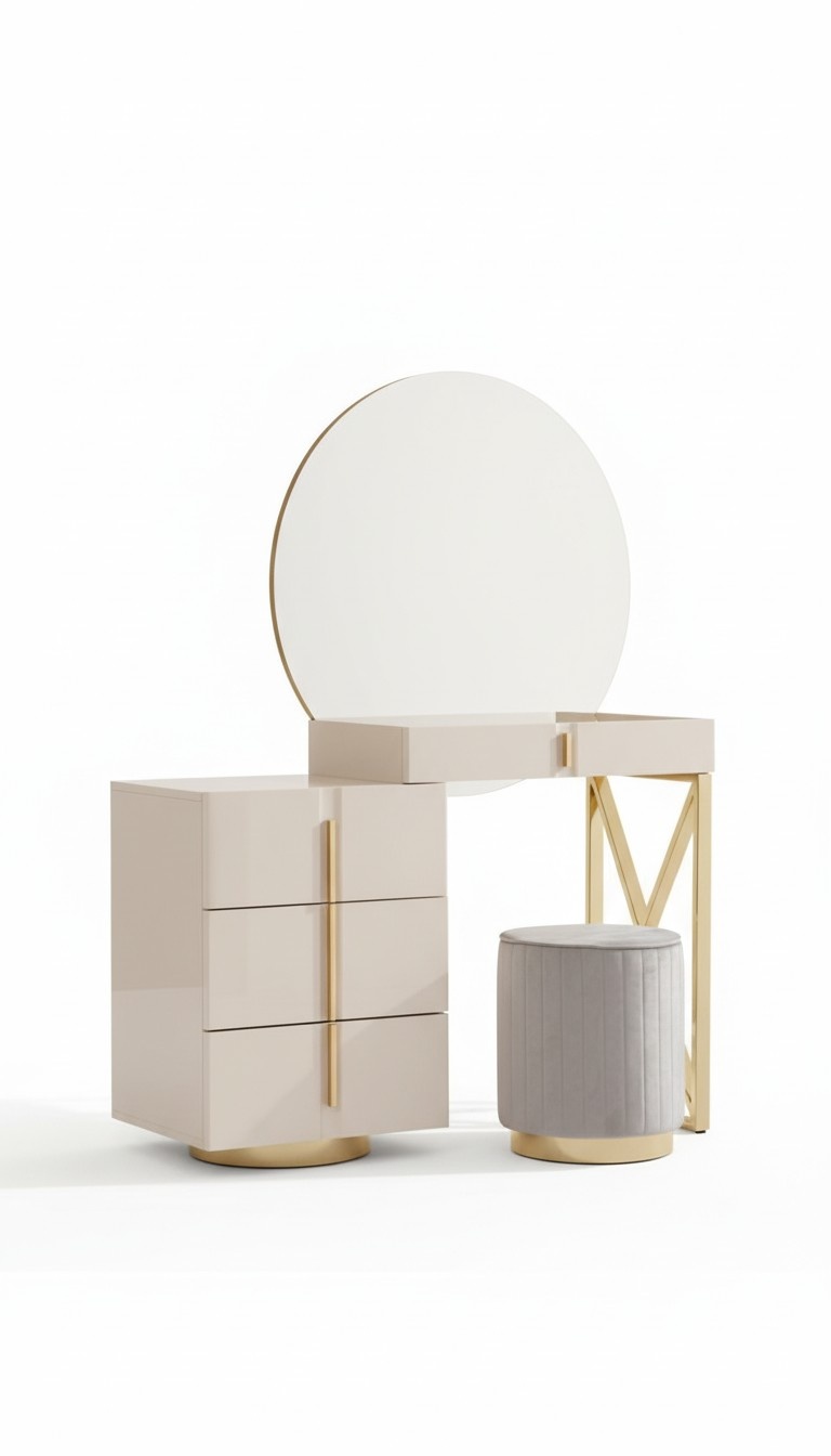 Beige Dressing Table Stainless Steel Furniture Bedroom Stool 2pc Set