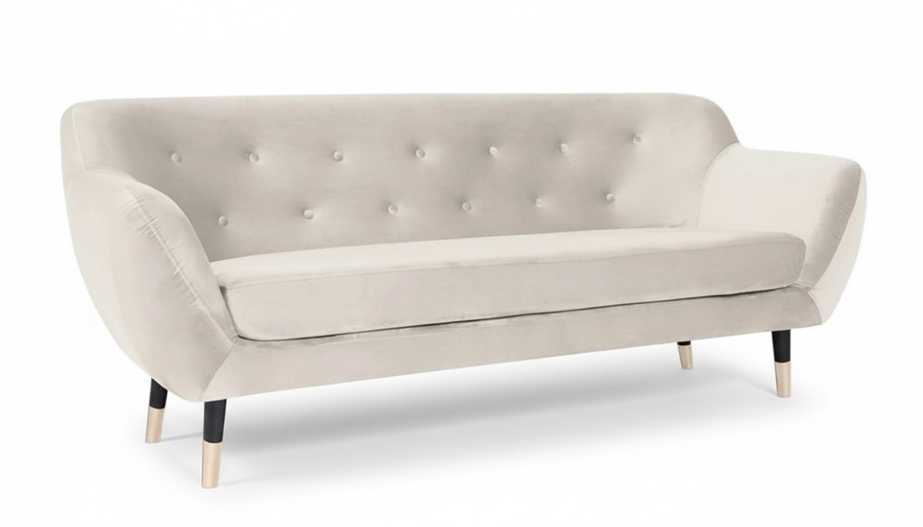 Beige fabric living room design couches upholstered sofa Chesterfield three-seater