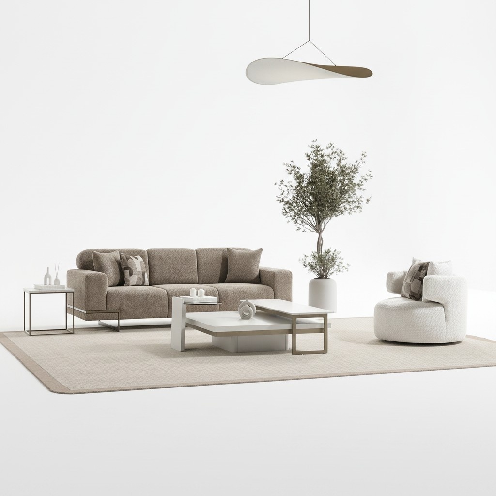 Beige fabric sofa and armchair set, modern elegant living room furniture.