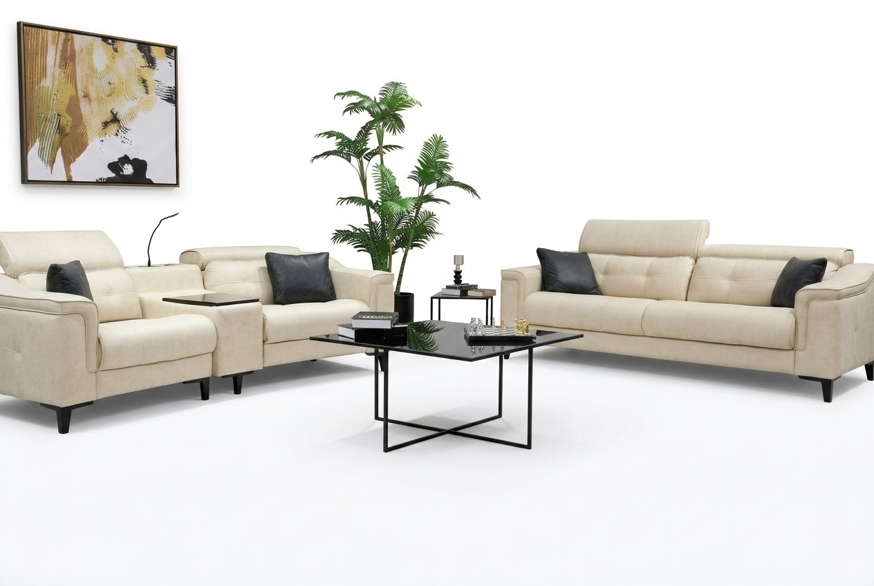 Beige leather sofa set designer 3-seater two-seater couch 2-piece set