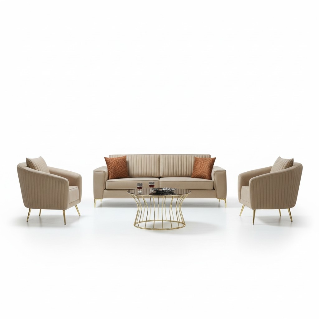 Beige stainless steel sofa set modern three-seater luxury 2x armchairs 3-piece