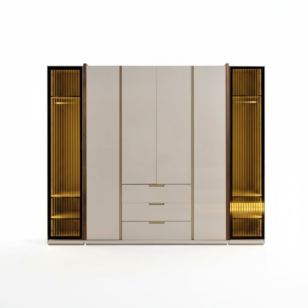 Beige wooden wardrobe, modern elegant storage space.