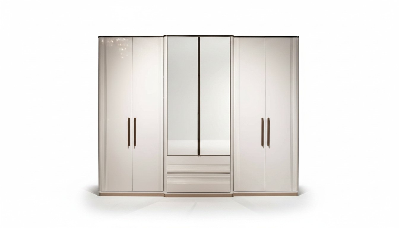 Beige wooden wardrobe, modern elegant storage space.
