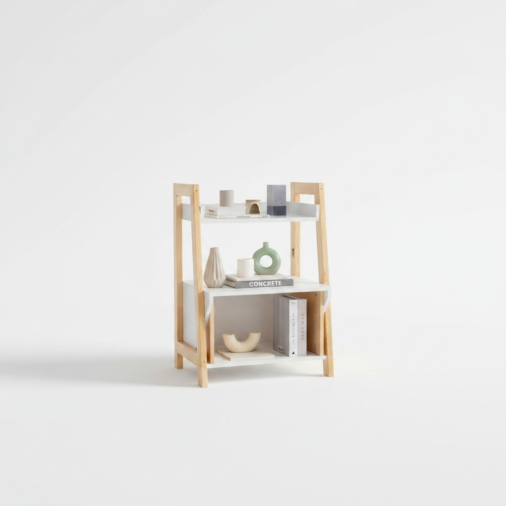Beige-white bookshelf, shelf unit, high-quality wooden side table.