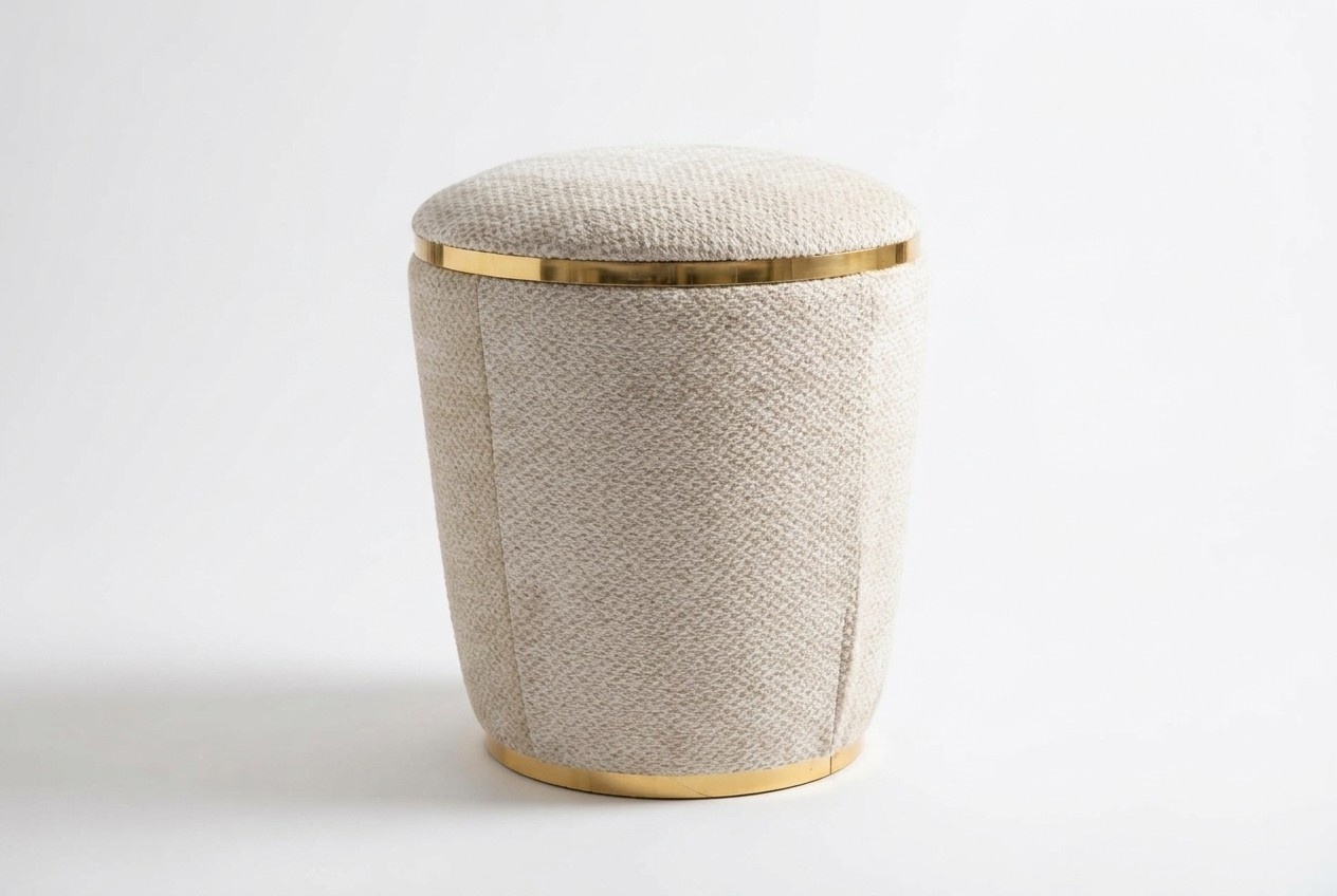 Beige wooden pouf, modern, decorative, versatile seating stool.