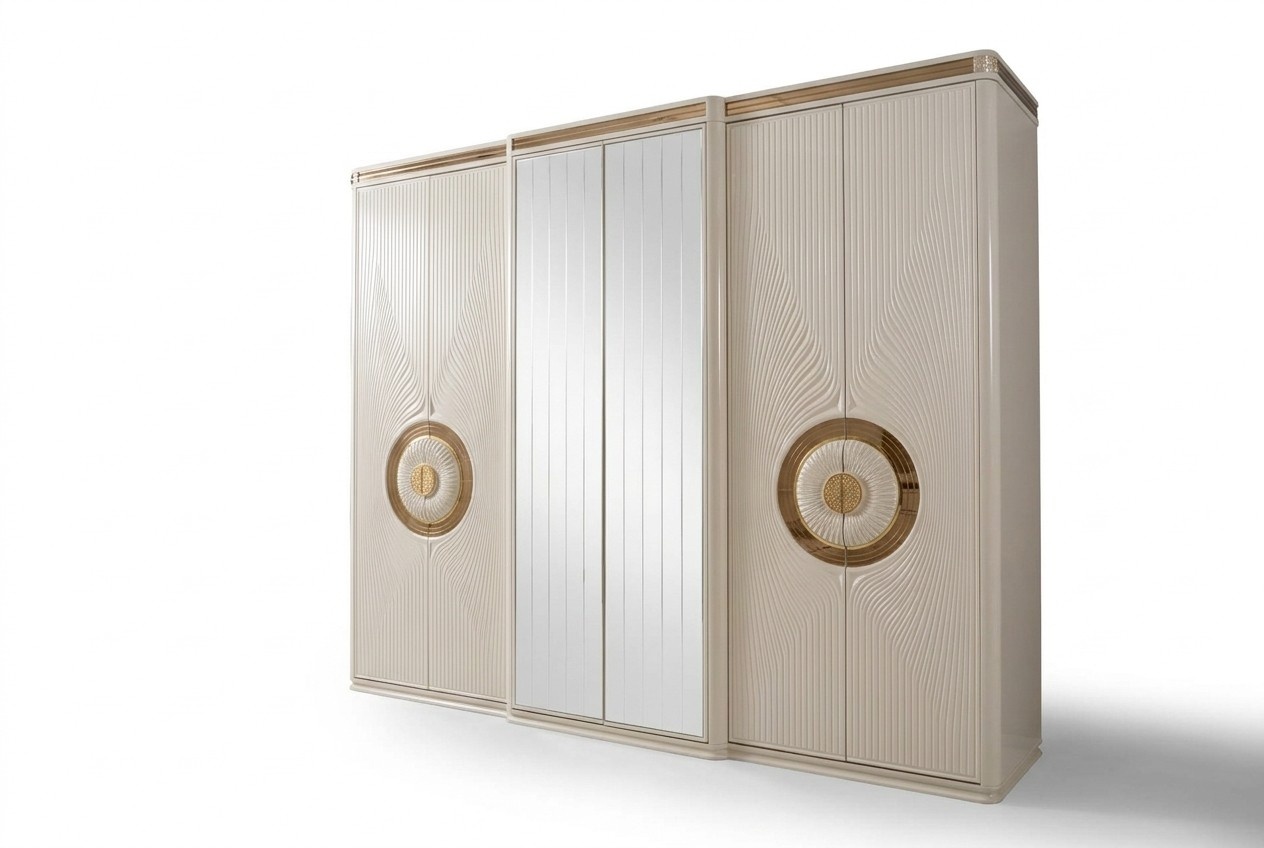 Beige wooden wardrobe in an elegant style with generous storage space.