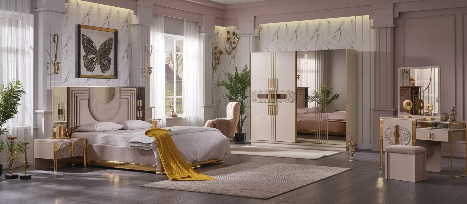 Beige bedroom set bed 2x bedside tables wardrobe dressing table