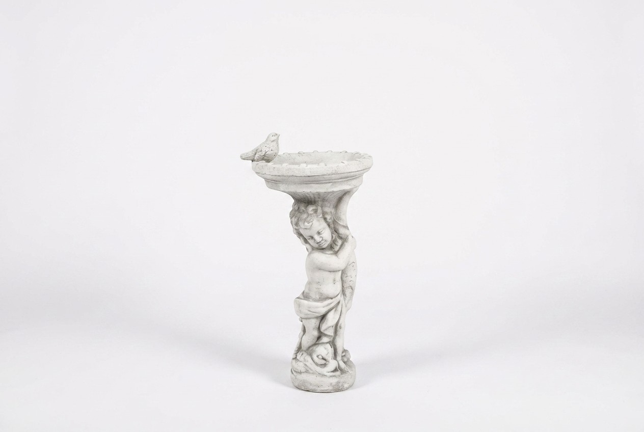 Bird bath decorative sculpture of a boy holding bowl figure made of weather-resistant cement