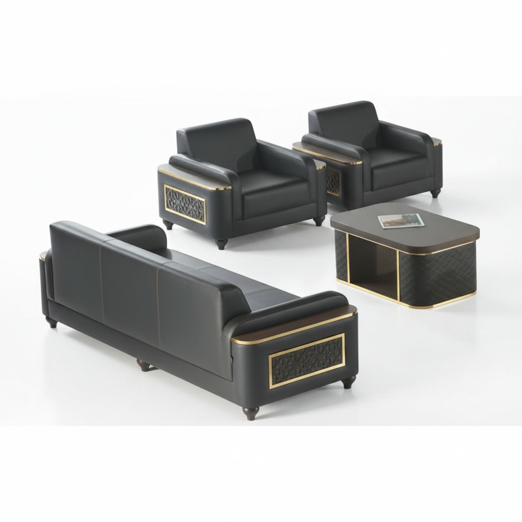 Black 3-Seater Sofa Armchair Brown Coffee Table Modern Design Home Office