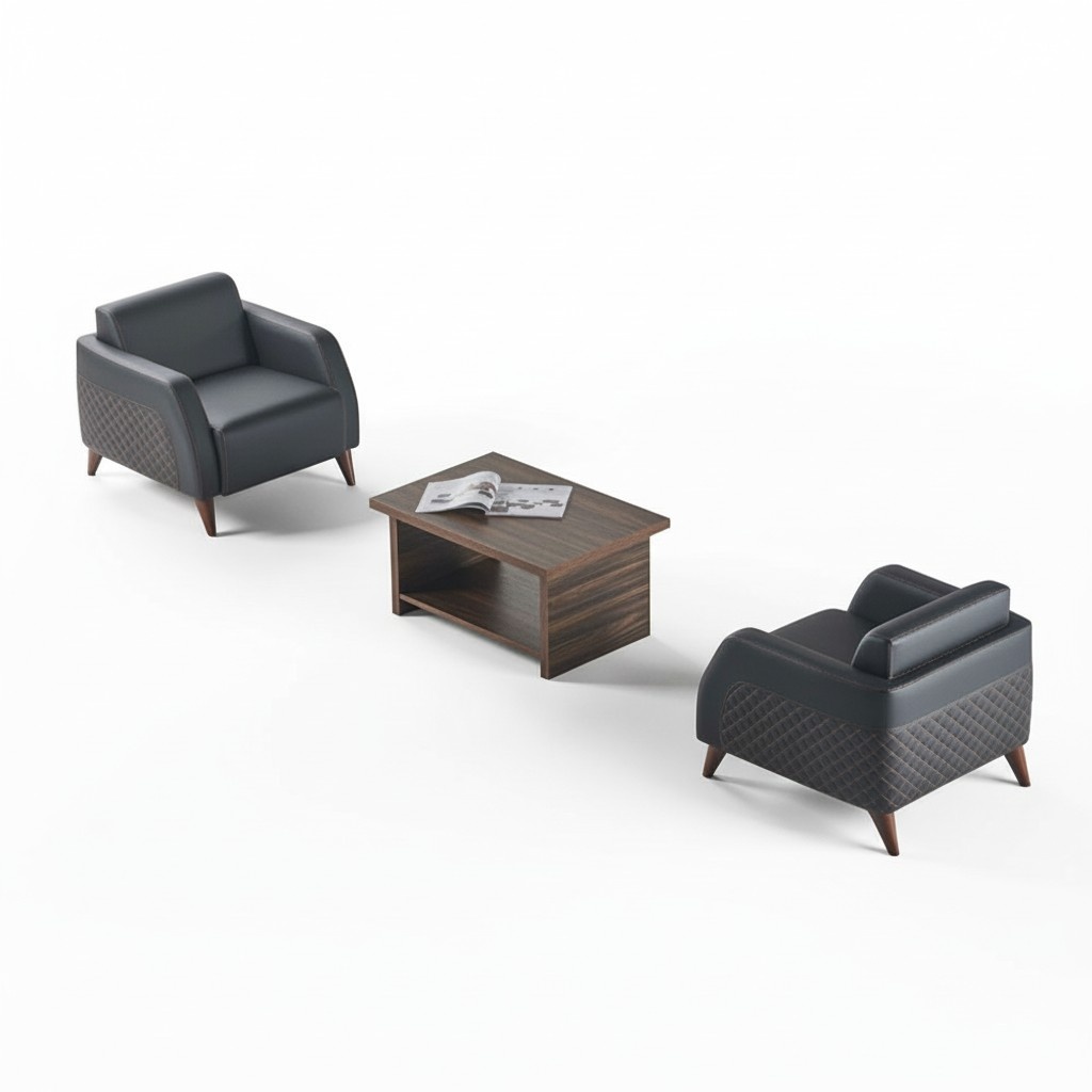 Black Armchair Brown Coffee Table Set Lounge Chair Leather Modern Rectangular