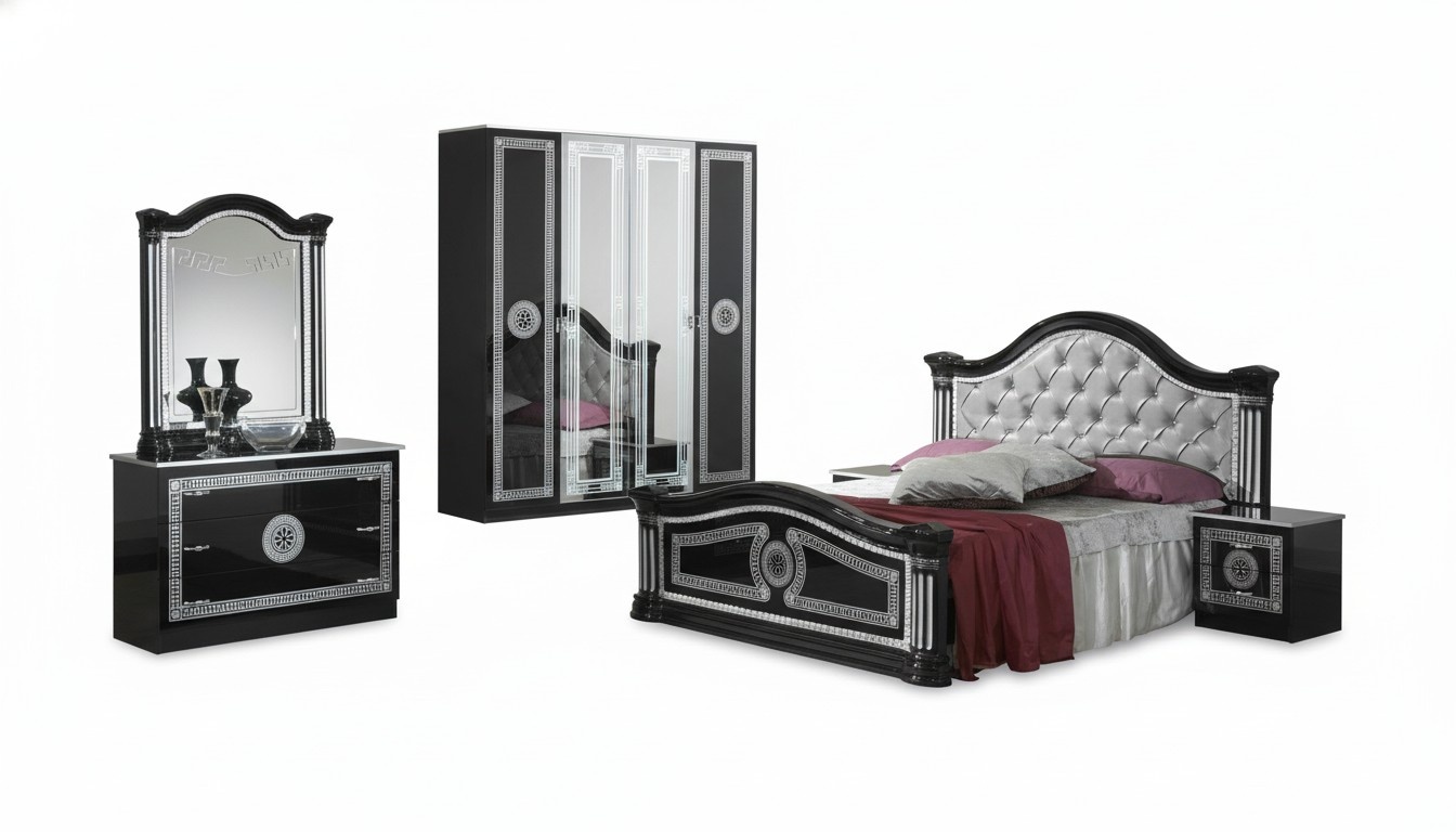 Black bedroom complete set chest of drawers style bed set 6 pieces. Baroque New