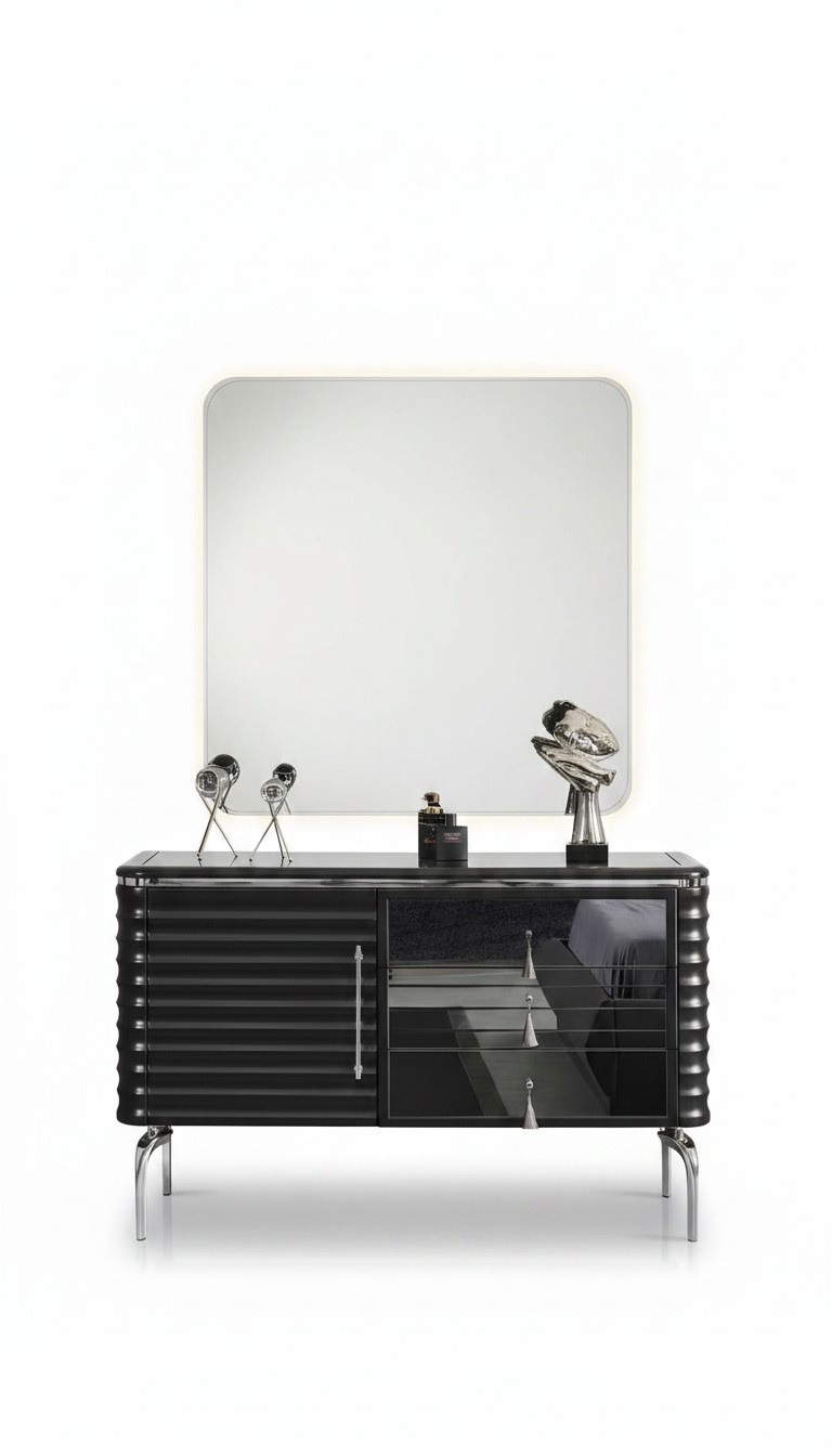 Black bedroom set designer chest of drawers with LED mirror set