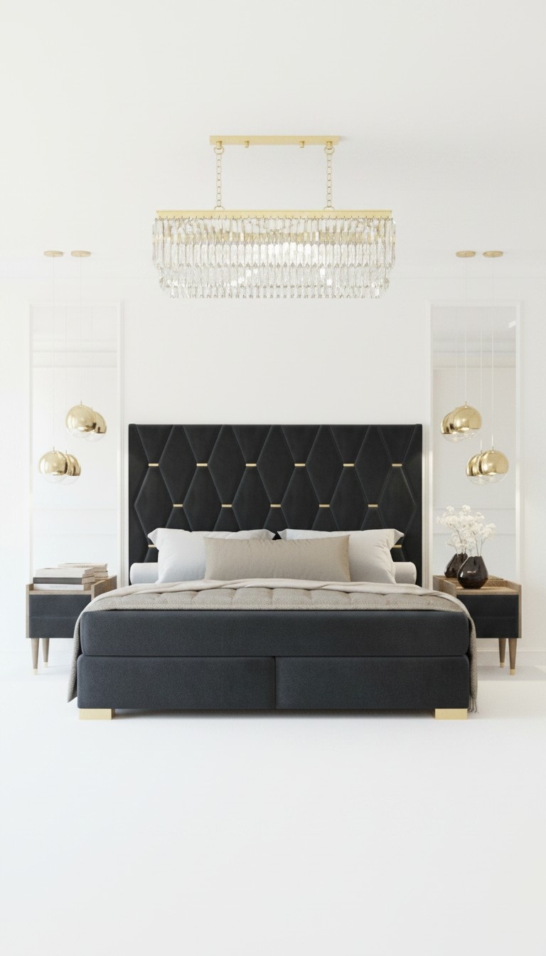 Black bedroom set double bed 2x luxury bedside tables 3-piece set
