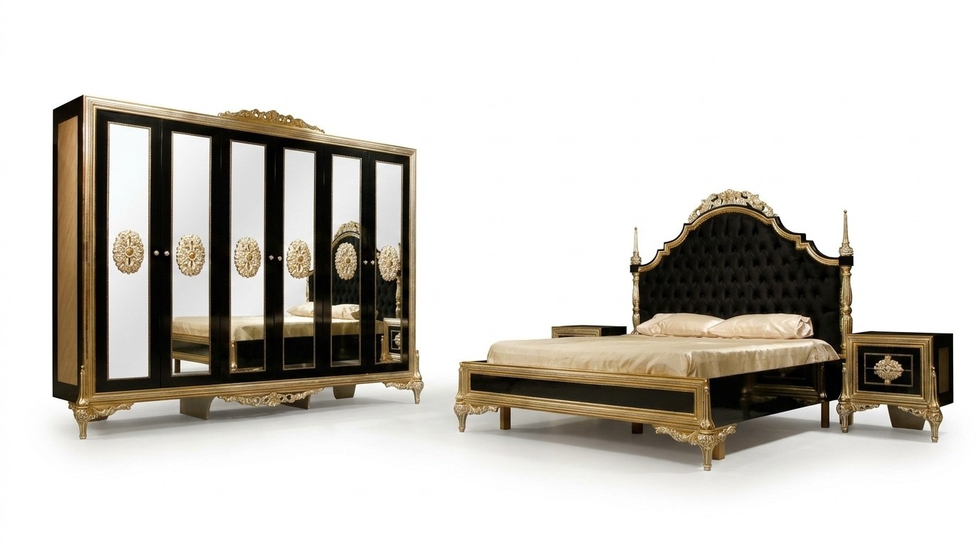 Black bedroom set luxury bed 2x bedside tables chest of drawers wardrobe