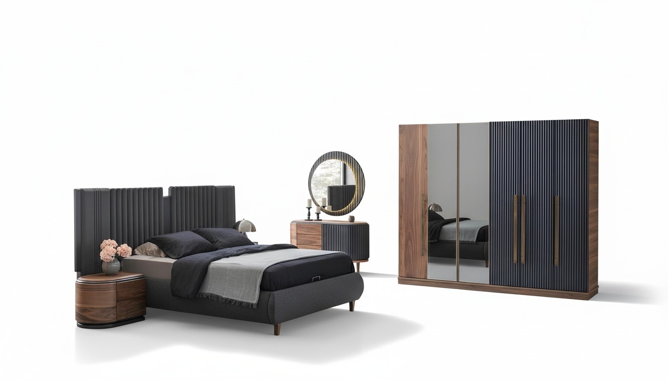 Black-beige bedroom set designer double bed 2x bedside tables