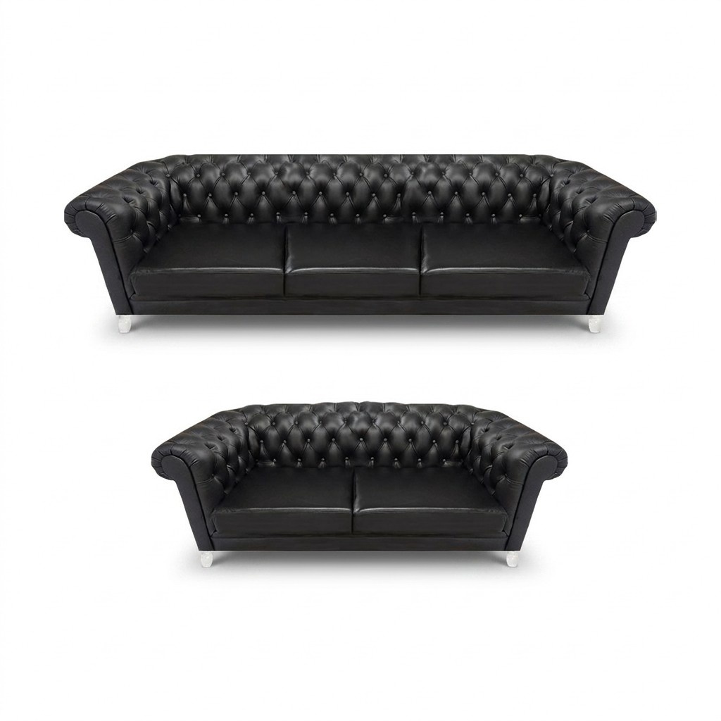 Black Chesterfield Faux Leather Sofas Modern Living Room Set 2-piece