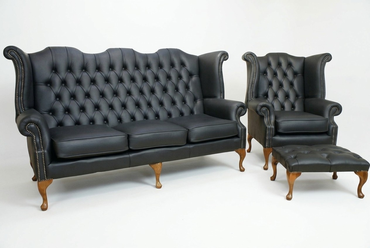 Black Chesterfield leather sofa couch upholstery set 3+1 seater wing chair + stool New
