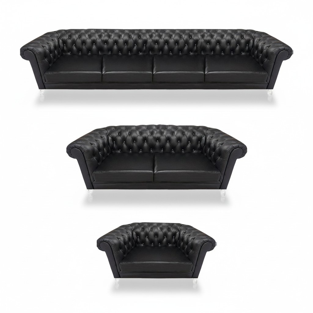 Black Chesterfield leather suite designer 4-seater sofa loveseat armchair