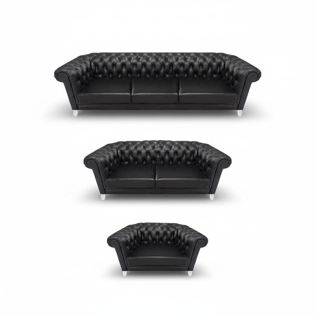 Black Chesterfield Leather Suite Designer Sofas Living Room Armchair
