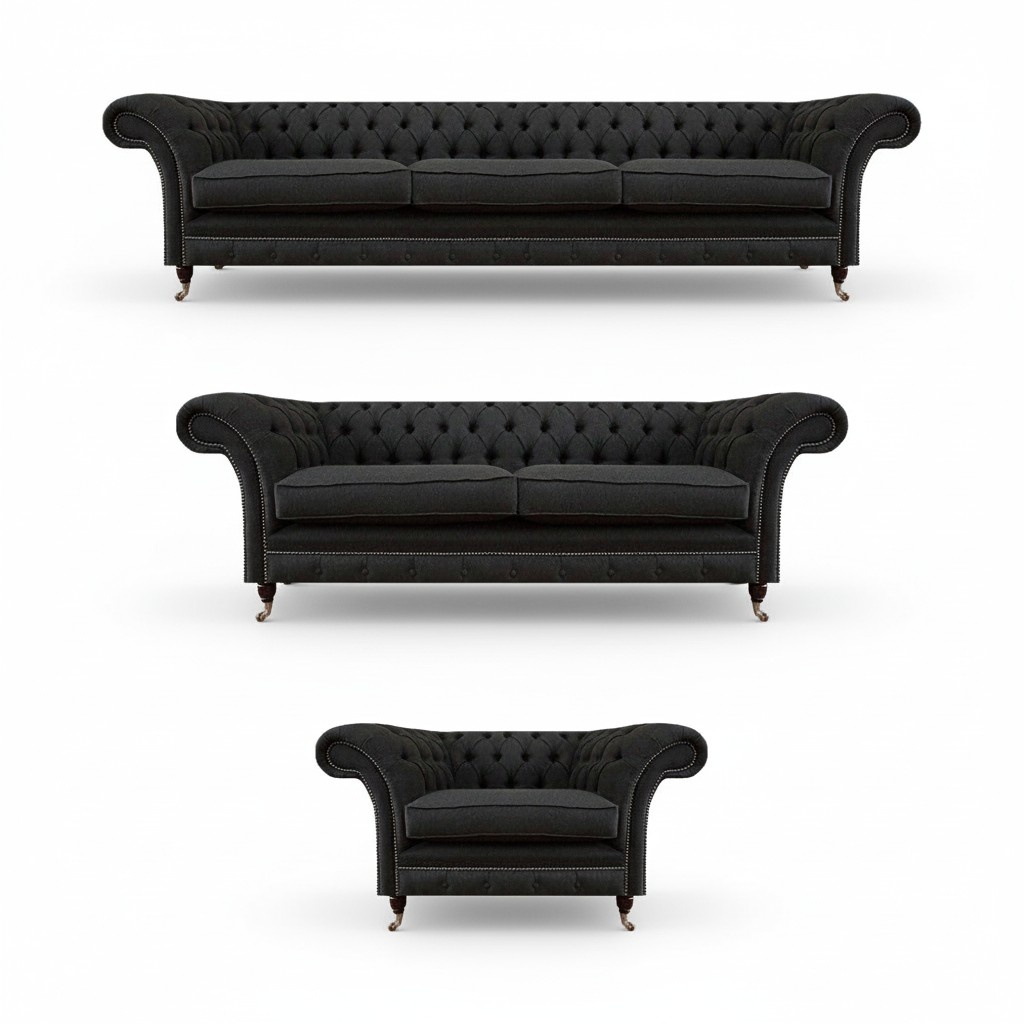 Black Chesterfield textile couches elegant furniture set designer sofas 3-piece