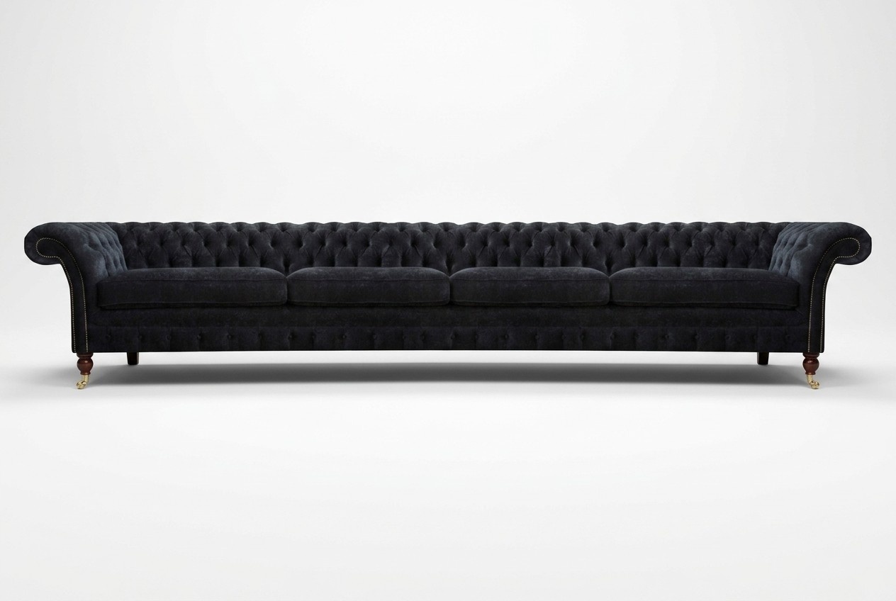 Black Chesterfield upholstered four-seater living room elegant fabric sofa