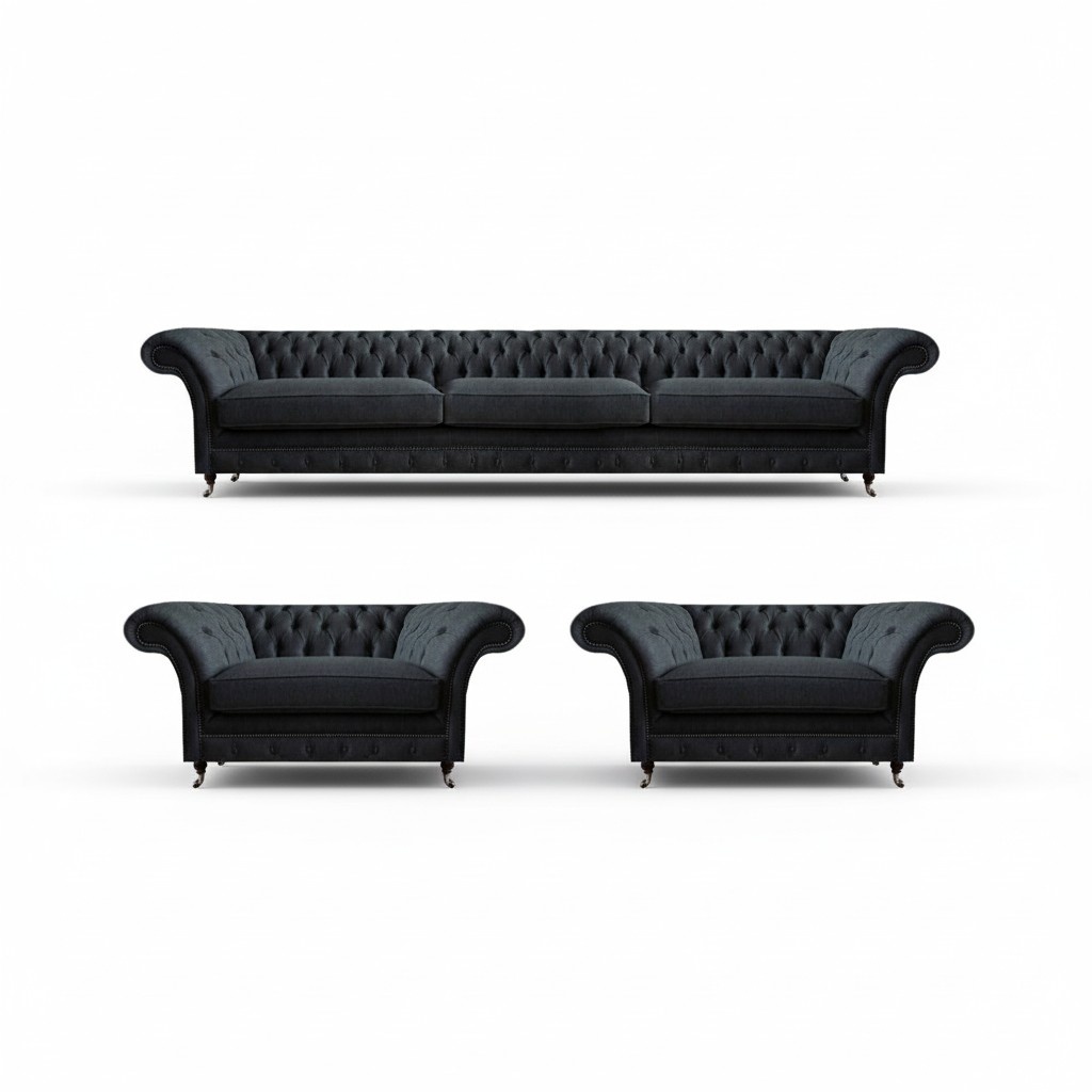 Black Chesterfield Upholstered Seating Group Modern Furniture Fabric Armchair 3-piece