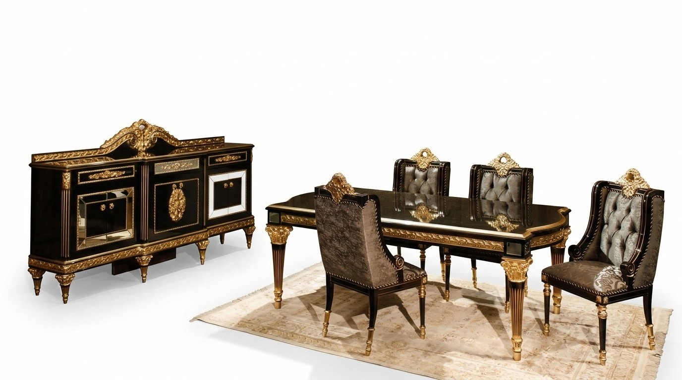Black classic dining room set dining table 4x chairs display cabinet 7 pcs
