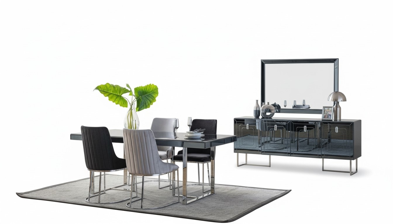 Black-grey Dining Room Furniture Rectangular Dining Table 4x Textile Chairs