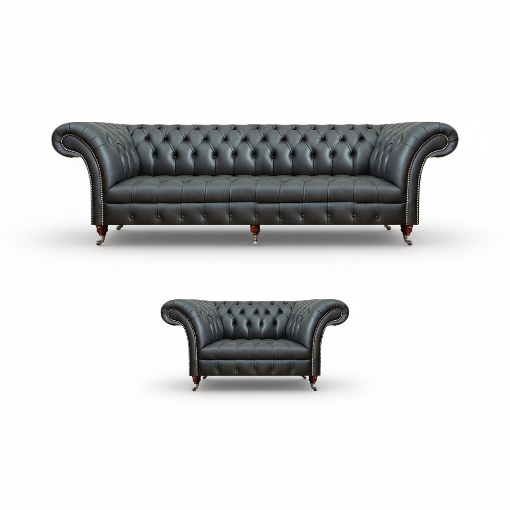 Black leather sofa complete armchair living room 2-piece sofa three-seater Chesterfield