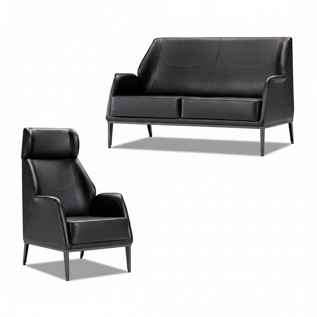 Black Leather Suite Modern Two-Seater Upholstered Armchair Furniture 2-piece