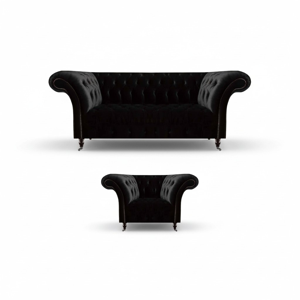 Black living room Chesterfield furniture designer three-seater two-seater.