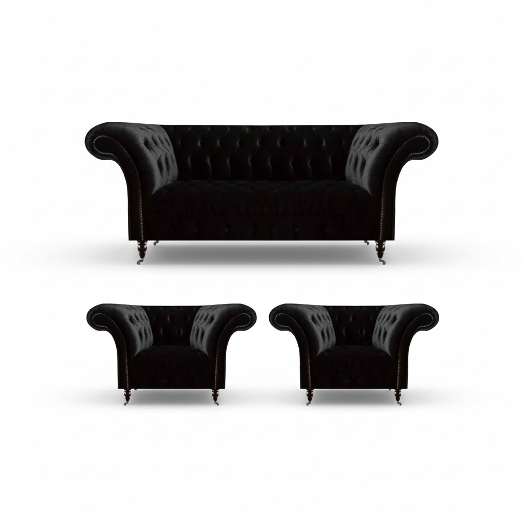 Black living room Chesterfield sofa designer three-seater armchair.