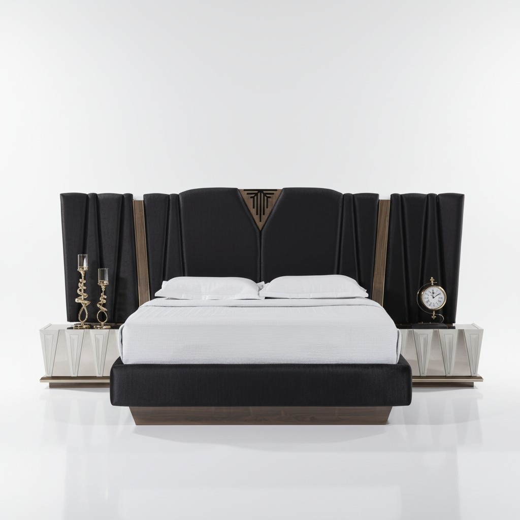 Black modern bedroom set made of wood with stylish nightstands.