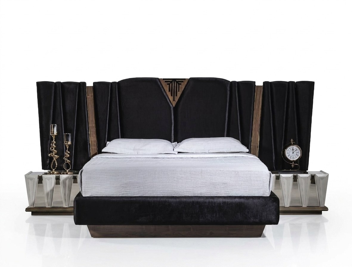 Black modern bedroom set made of wood with stylish nightstands.