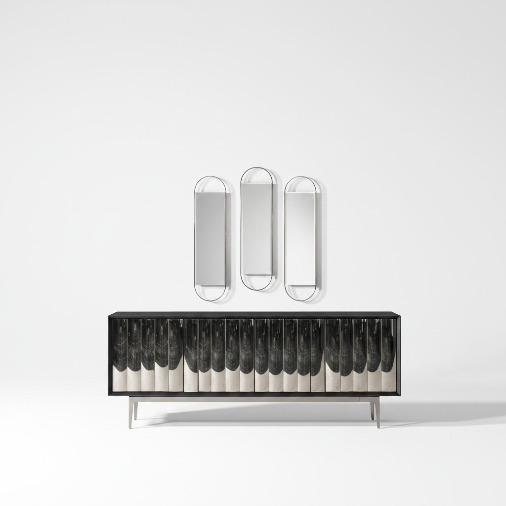 Black modern sideboard made of wood and glass.