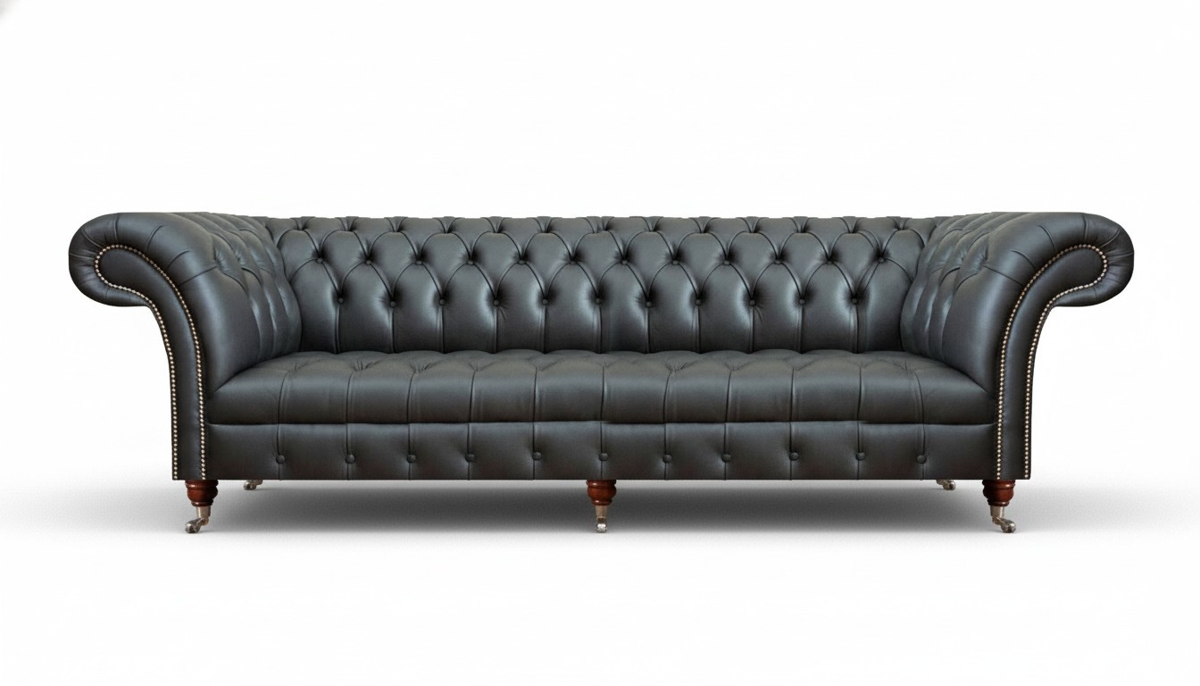 Black Sofa Three Seater Couch Upholstered Leather Luxury Upholstered Furniture Chesterfield