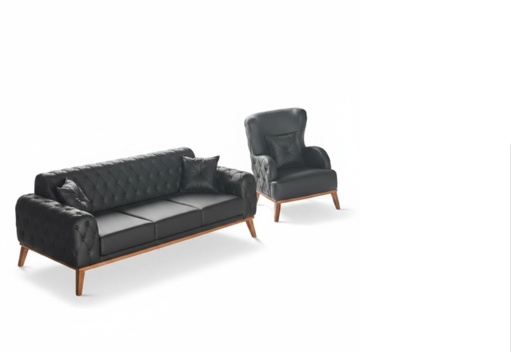 Black office seating furniture designer leather 3-seater 1 armchair 2-piece set