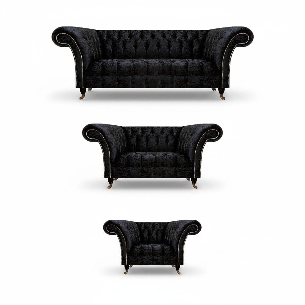 Black textile Chesterfield sofa set elegant three-seater armchair 3-piece